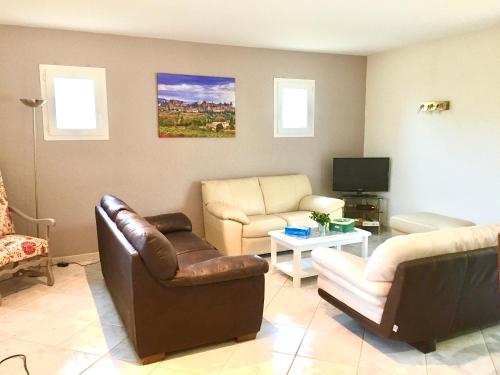 a living room with two couches and a tv at Résidence Alpha Centauri in Carcassonne