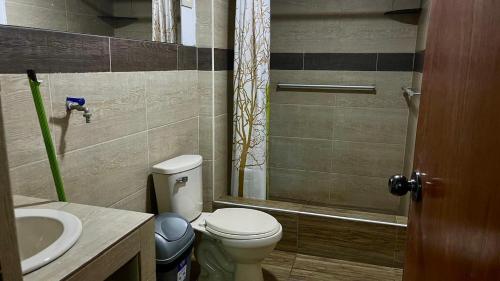 a bathroom with a toilet and a sink and a shower at Morada del Huascarán in Mancos