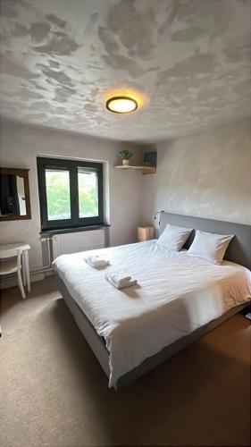 a bedroom with a large white bed with a ceiling at LaVue - Forest Twin Rooms in La-Roche-en-Ardenne