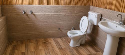 a bathroom with a toilet and a sink at Homestead thapli in Pinjaur
