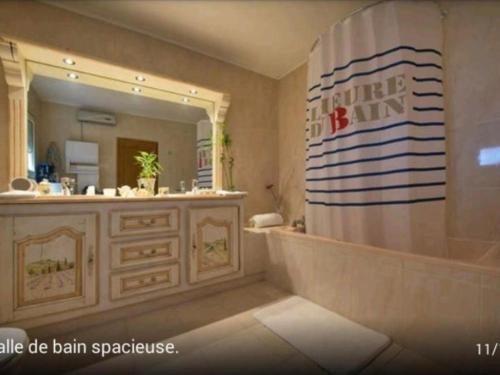 a bathroom with a tub and a large mirror at MONTPELLIER SUD-GIUSEPPINA suite junior 2 pers-Piscine privé aéroport Arena 2mn mer in Pérols
