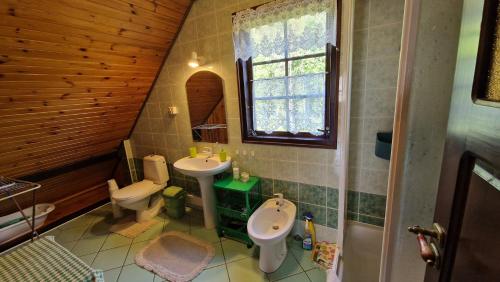 a small bathroom with a sink and a toilet at Domek pod Lasem in Płaska