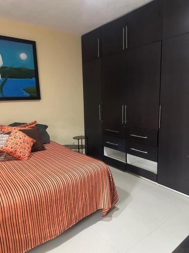 a bedroom with a bed and large black cabinets at Casa Victoria in Colima