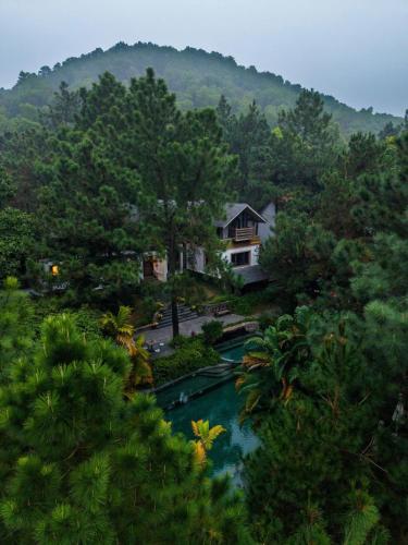 a house in a forest next to a river at AMAYA HOME - Lodge, Spa & Restaurant Sóc Sơn in Sóc Sơn
