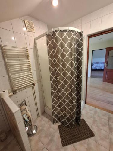a bathroom with a shower with a tile wall at Pokoje u Zbigniewa in Chechło