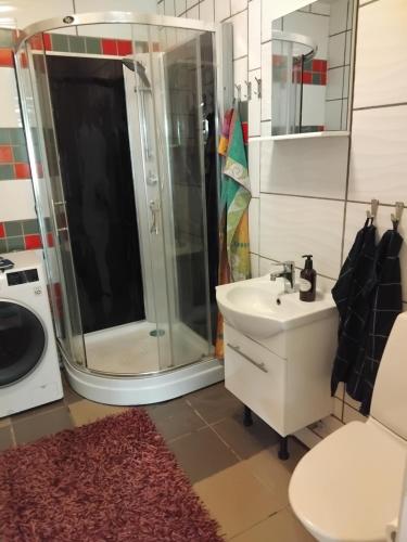 a bathroom with a shower and a sink and a washing machine at Gästrum in Halmstad