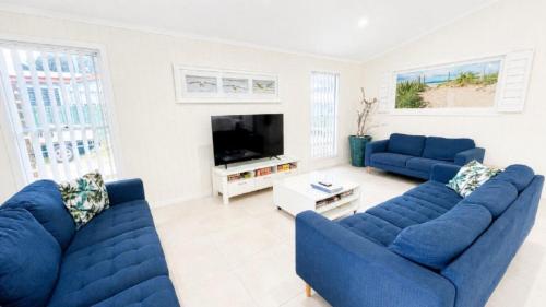 a living room with two blue couches and a tv at Sandy Feet in Wooli