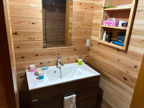 a bathroom with a sink and a mirror at Kibe House in Kunisaki