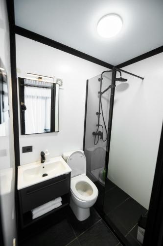 a bathroom with a toilet and a sink and a mirror at Dream house in Rragam