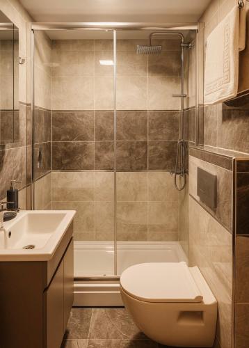 a bathroom with a shower and a toilet and a sink at Reflection of the Bosphorus in Istanbul