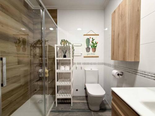a bathroom with a toilet and a glass shower at Placituela 7 in San Esteban de Gormaz