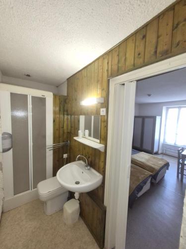 a bathroom with a sink and a toilet and a bed at Auberge du sichon in Ferrières-sur-Sichon