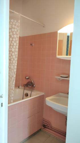 a pink bathroom with a tub and a sink at la Villa des Fleurs in La Bourboule
