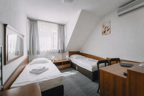 a hotel room with two beds and a desk at Hotel Tanzanit in Jesionka