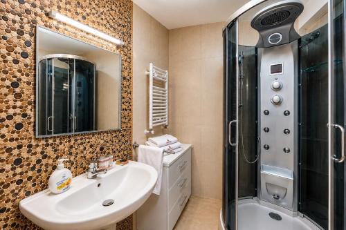 a bathroom with a sink and a shower at Red Hotel Accommodation in Cluj-Napoca