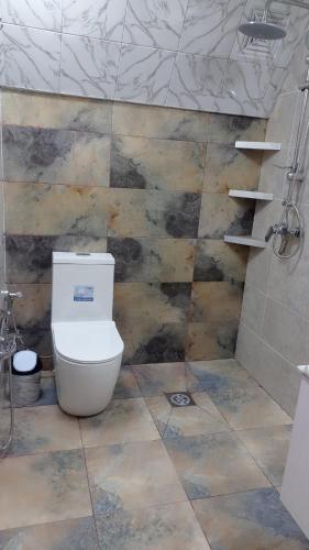 a bathroom with a toilet and a tiled wall at Villa ZM garden in Quba