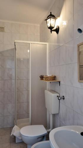 a bathroom with a toilet and a shower and a sink at Pousada Mar de Calma in Montemor-o-Novo