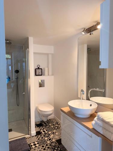a bathroom with a sink and a toilet and a shower at Studio duplex avec spa et cour privée in Bonnelles