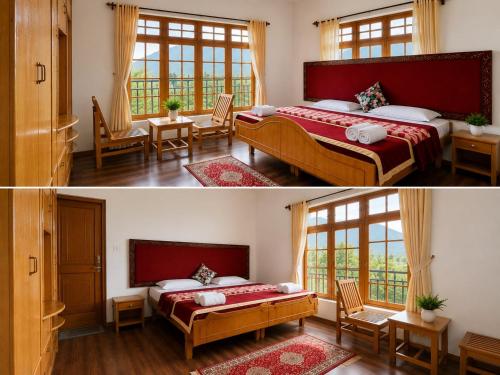 a bedroom with two beds and a room with windows at Zotpa Hostel in Leh