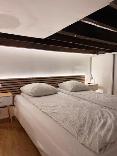 a white bed with two pillows in a bedroom at Studio duplex avec spa et cour privée in Bonnelles
