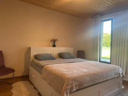 a bedroom with a large bed with a window at Blue Moon in Zărneşti