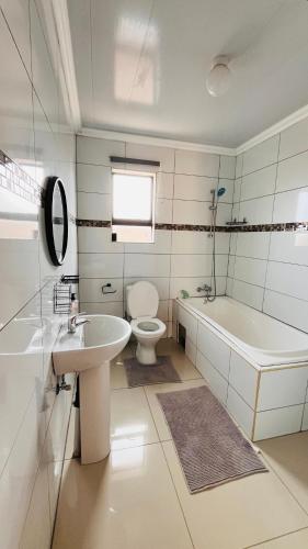 a bathroom with a sink and a toilet and a tub at Khopolong Estates in Berea Hills