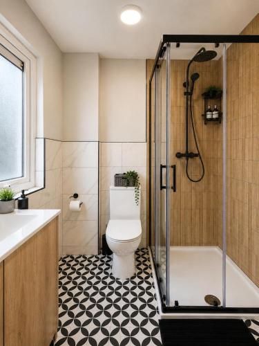 a bathroom with a shower and a toilet and a sink at The Viking Townhouse - Heart of Waterford in Waterford