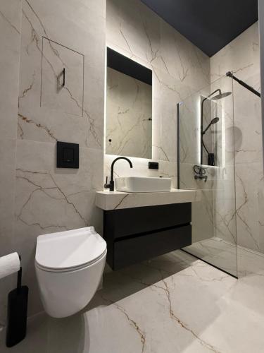 a bathroom with a toilet and a sink and a mirror at GRATIA RESIDENCE Lublin in Lublin