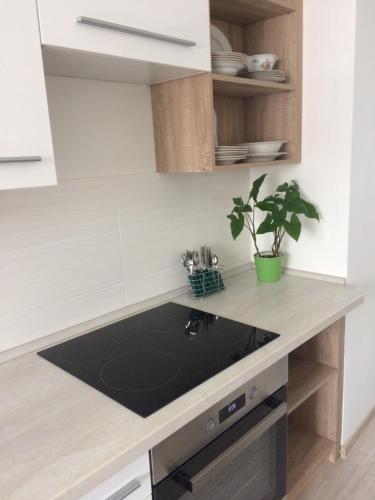 a kitchen with a black counter top in at Apartmán Náměstí Horníků in Trutnov