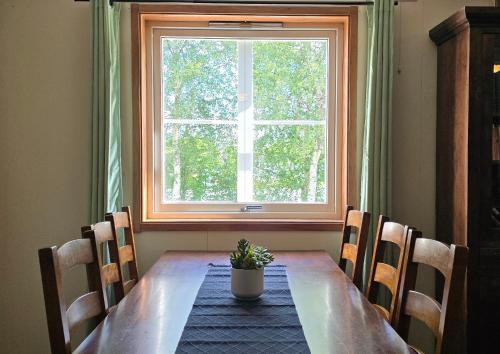 a dining room table with a potted plant and a window at Idrettsparken in Røros