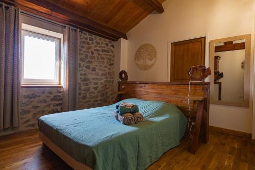a bedroom with a bed in a room with a mirror at Les Combes Claires in Saint-Julien-Labrousse