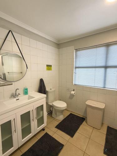 a bathroom with a toilet and a sink and a mirror at LTB-Waterkant Cottage in Malgas