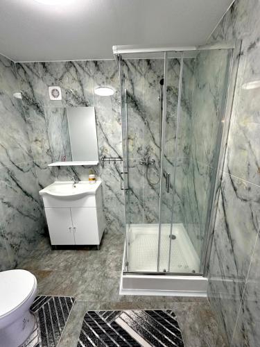 a bathroom with a shower and a toilet and a sink at Le Charme Boutique in Bucharest