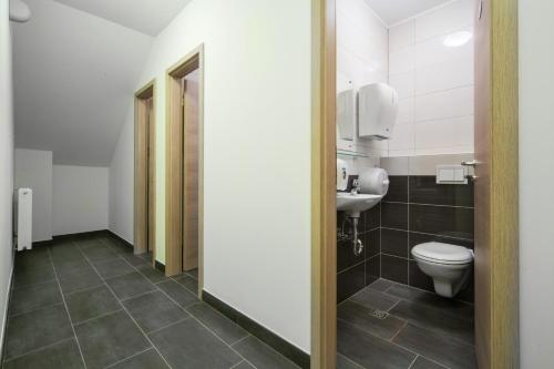 a bathroom with a toilet and a sink at KAPTOL Rooms in Zagreb