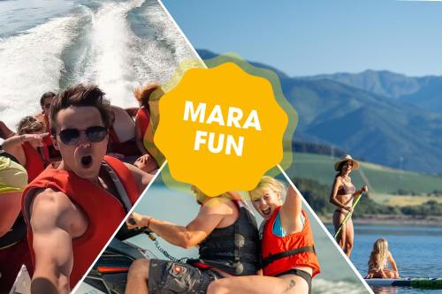 a collage of people on a boat on the water at Mara Lake Cabins - Mara Camping in Liptovský Trnovec
