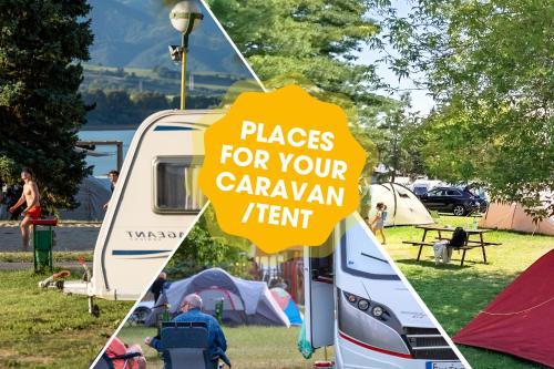 a collage of photos of a campground with tents at Mara Lake Cabins - Mara Camping in Liptovský Trnovec