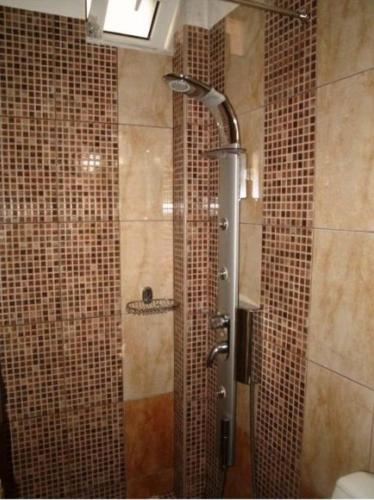 a shower in a bathroom with brown tiles at Sun Studios Pieria in Paralía Skotínis