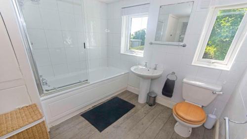 a white bathroom with a toilet and a sink at Cloudbreak Hot Tub Log Burner Dogs Welcome in Braunton