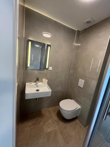 a bathroom with a toilet and a sink at Hotel Ruble in Homburg