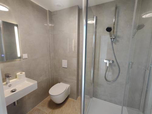 a bathroom with a shower and a toilet and a sink at Hotel Ruble in Homburg