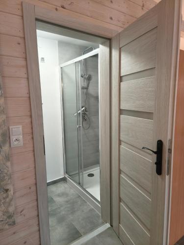 a shower with a glass door in a bathroom at Villa Antoja in Grzybowo