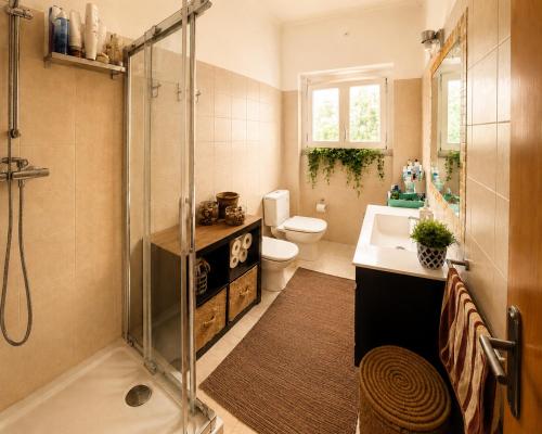 a bathroom with a shower and a toilet and a sink at Parque das Nações Room in Lisbon