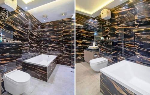 two pictures of a bathroom with a sink and a toilet at Hotel shanti palace in Agra