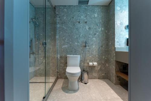 un baño con inodoro y ducha de cristal en Hotel Deville Prime Cuiabá, en Cuiabá