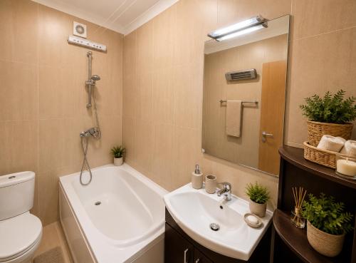 a bathroom with a sink and a toilet and a mirror at Spacious 2 bedroom apartment in Balchik