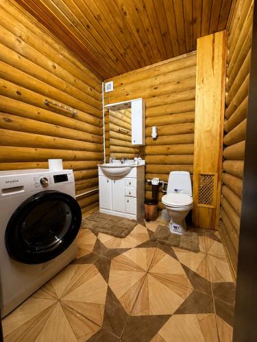 a bathroom with a washing machine and a toilet at Дом рыбака Маяки Ватер Сити Днестр in Mayaki