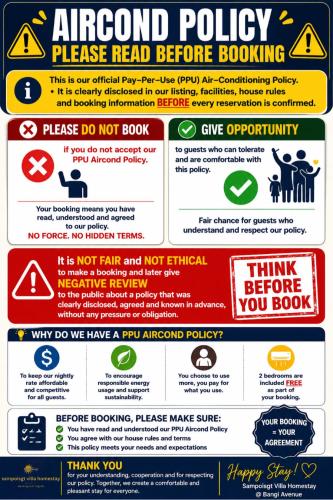 a bunch of signs that say incorrect policy please heed before booking at SAMPOISGT VILLA HOMESTAY - 3 Bedroom Landed House - Near Bangi Avenue, BACC, Bangi Wonderland, UKM, GMI, EVO, Bangi Gateway, KIPMall in Kajang