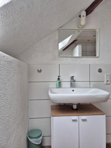 a bathroom with a sink and a mirror at Ferienwohnung Moos in Haiger