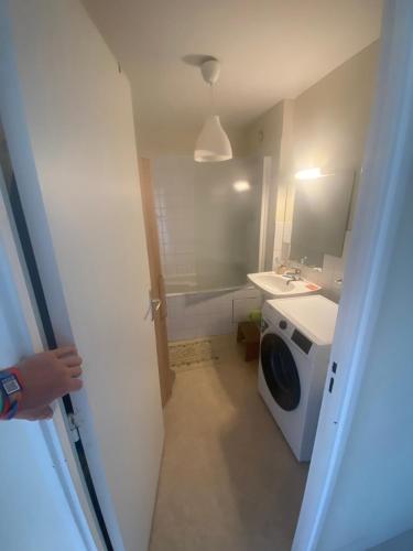 a bathroom with a washing machine and a sink at Appartement Antoine in Rennes