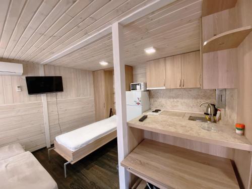 a small kitchen with a sink and a refrigerator at GreenHotel in Chornomorsk